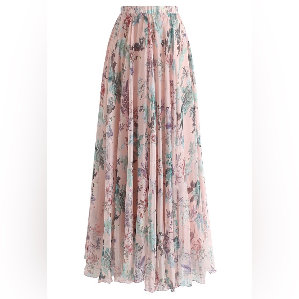 ChicWish Plus Pinky Blossom Watercolor Floral Chiffon Maxi Skirt - Picture 5 of 8